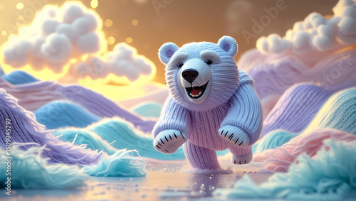 Playful large yarn polar bear in a pastel knitted landscape under warm radiant glowing yarn clouds