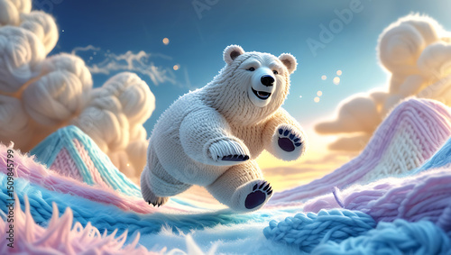 Whimsical knitted polar bear with intricate details in serene pastel glacier setting with glowing sky