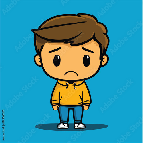 Sad Cartoon Boy in Yellow Hoodie and Blue Jeans (1)