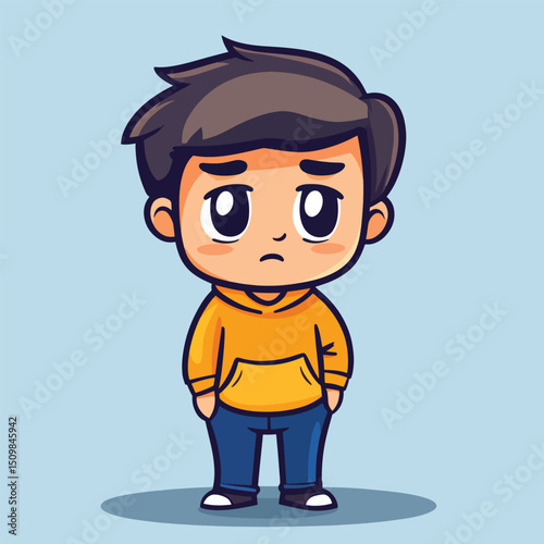 Sad Cartoon Boy in Yellow Hoodie and Blue Jeans (2)