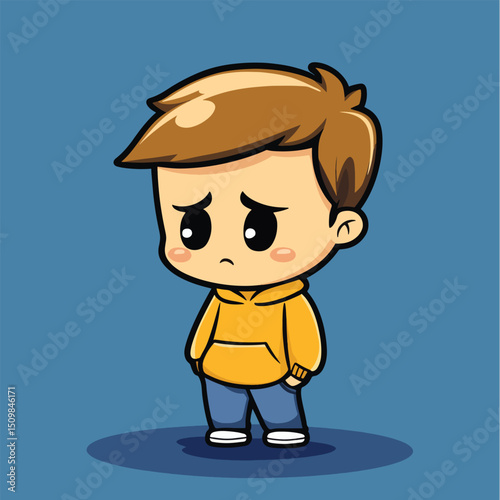Sad Cartoon Boy in Yellow Hoodie Downcast Eyes