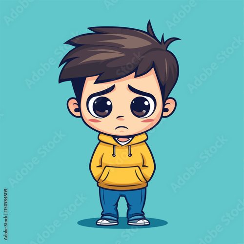 Sad Cartoon Boy in Yellow Hoodie Large Eyes Downcast Expression (1)