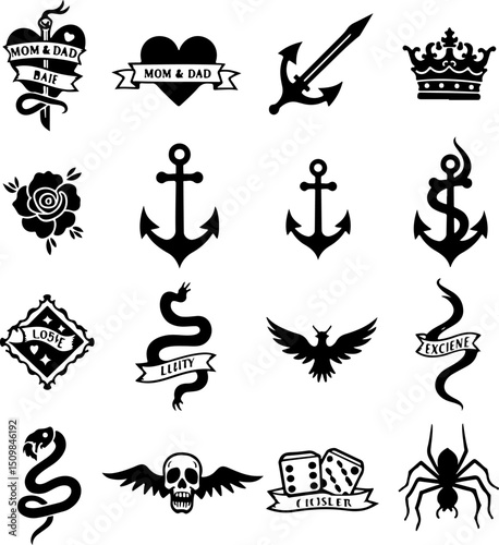 Vintage Tattoo Icons vector Collection bundle