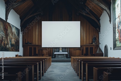 A large empty church with a large screen in the middle