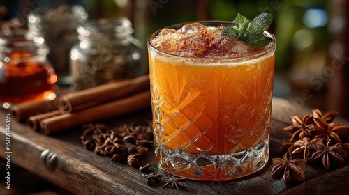 Craft Cocktail with Spices and Ice Cubes on Wooden Surface - Close-Up View photo