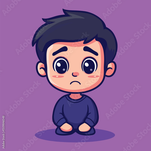 Sad Cartoon Boy Sitting Large Eyes Dark Hair