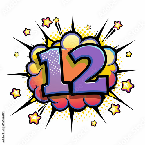Colorful comic book style explosion with the number 12 and stars, vector image  