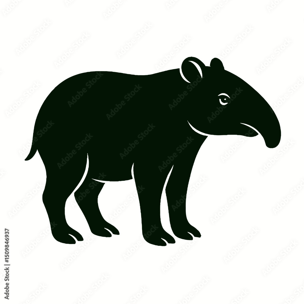 Fototapeta premium Tapir full body, white background, monochrome black, flat vector illustration, illustrator style