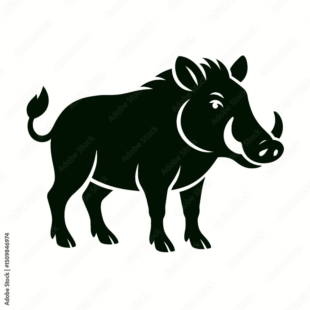 Fototapeta premium Warthog full body, white background, monochrome black, flat vector illustration, illustrator style