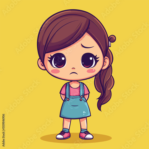 Sad Cartoon Girl with Big Eyes and Braided Hair
