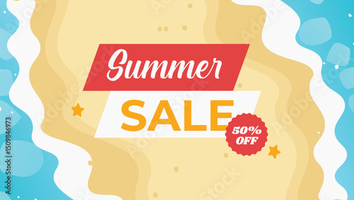 Horizontal summer sale background with sandy beach and red badge.