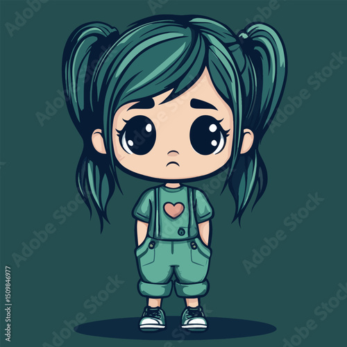 Sad Cartoon Girl with Teal Hair and Outfit
