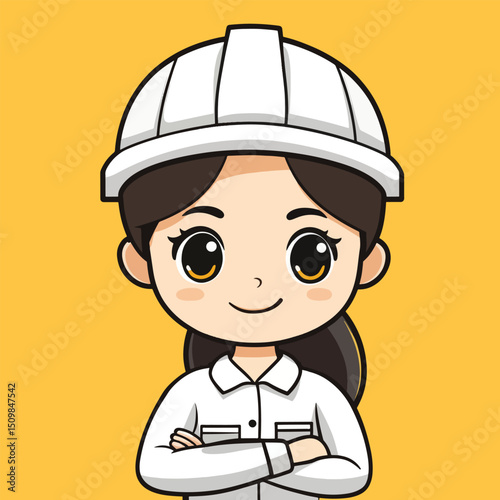 Smiling Cartoon Female Construction Worker with Crossed Arms and Hard Hat