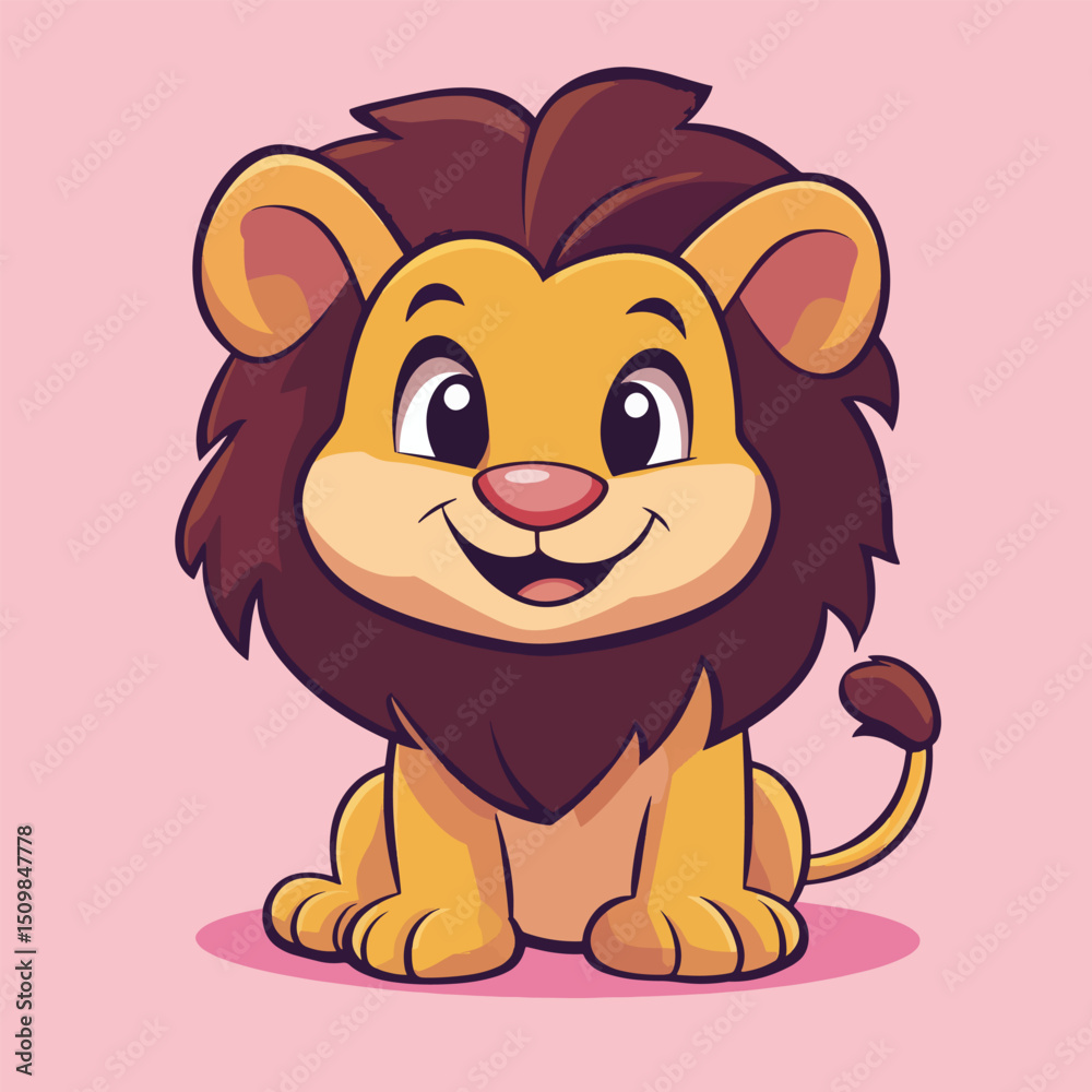 Fototapeta premium Smiling Cartoon Lion with a Brown Mane and Pink Nose Sitting Proudly