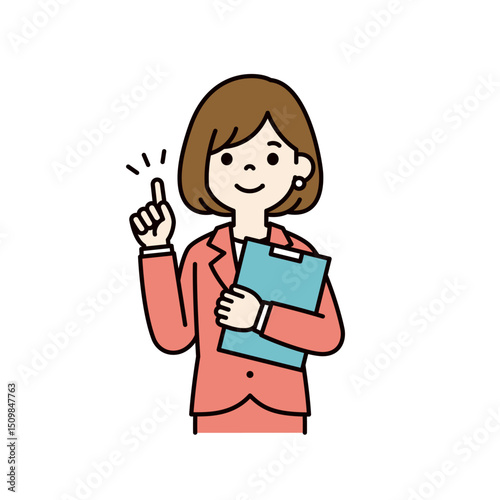 片手に資料を持つ、スーツを着た若い女性会社員のベクターイラスト素材＿線幅の編集可能