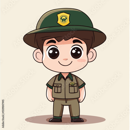 Smiling Cartoon Ranger in Uniform with Detailed Hat and Badge