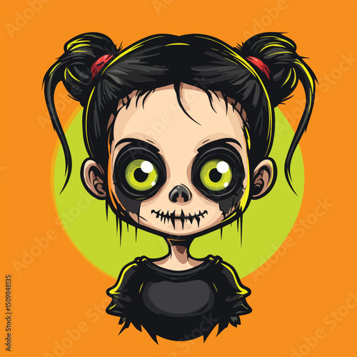 Spooky Girl with Glowing Eyes and Stitched Smile Halloween Cartoon