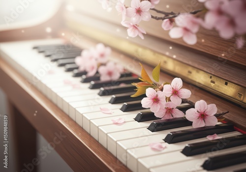 Pink cherry blossom flowers and petals on vintage piano keyboard. Concept of romantic music or melody. Close up view of musical instrument with romantic spring floral decoration. Music background. photo
