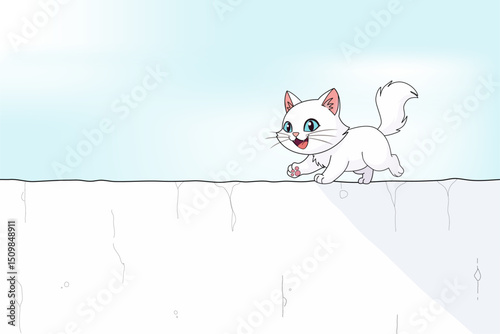 A fluffy white cat is walking on a white wall with slight cracks, a pale blue sky on a sunny day. Cartoon vector illustration.