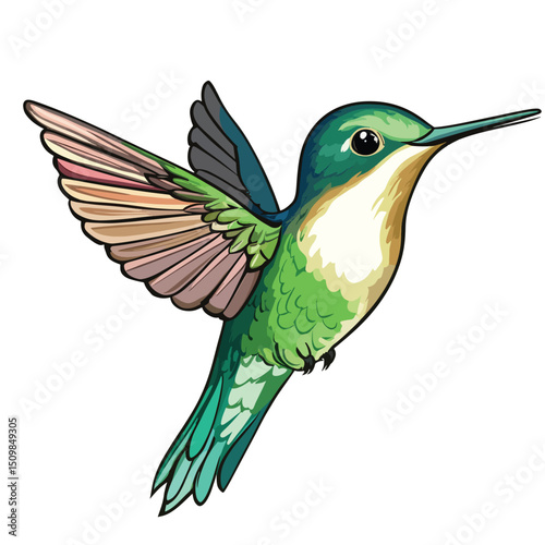Vibrant Green Hummingbird with Extended Wings and Long Beak Illustration