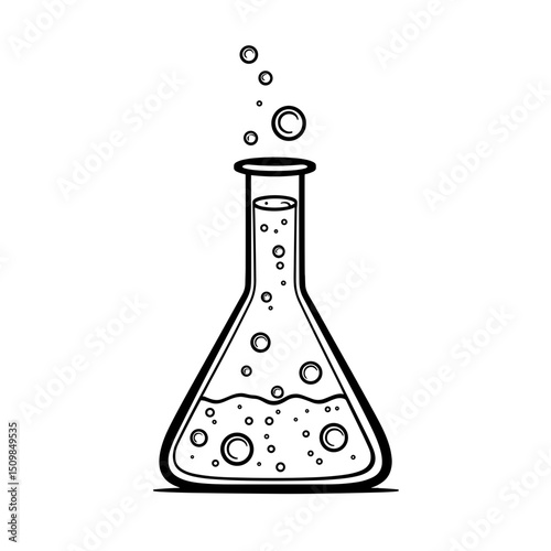 Bubbling lab flask with clear liquid, science concept