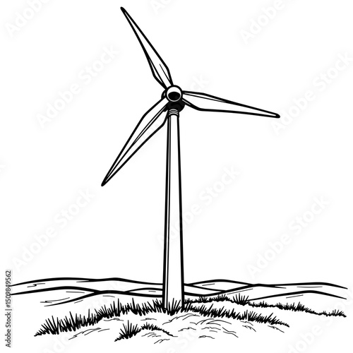 Wind turbine spinning in open field, renewable energy concept