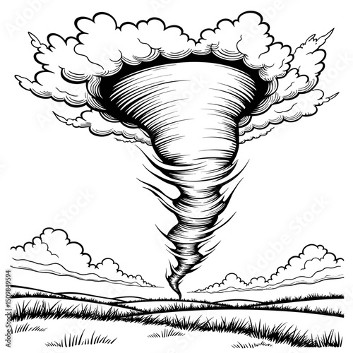 Tornado swirling above farmland, nature's power and beauty
