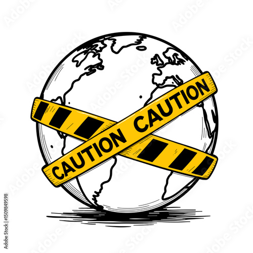 Globe wrapped in caution tape, emphasizing environmental awareness
