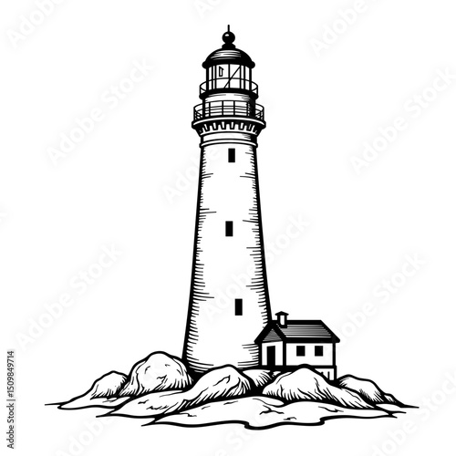 Lighthouse guiding safely by rocky coast, symbol of retirement