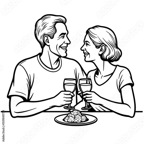 Senior couple clinking glasses at dinner, love and celebration