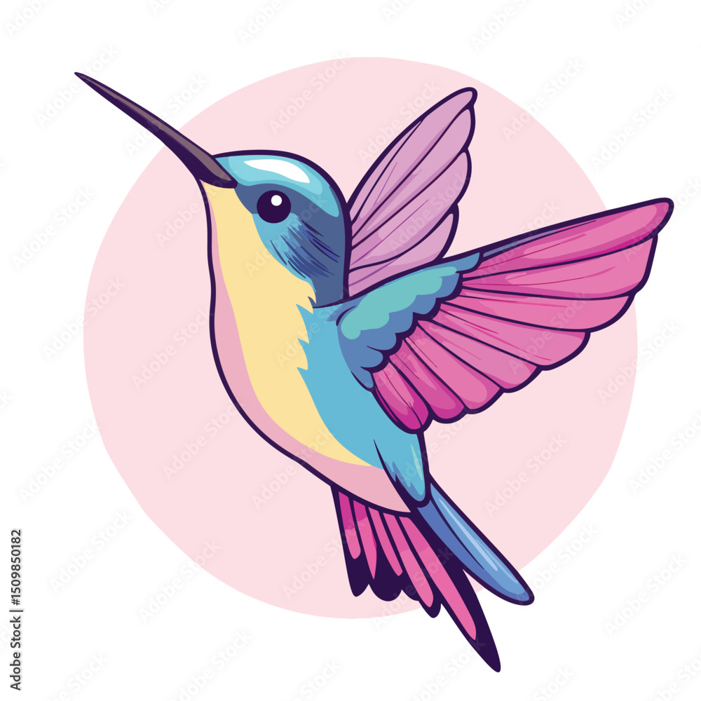 Fototapeta premium Stylized Hummingbird with Pink Wings and Yellow Chest in Flight Illustration