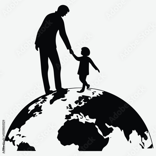 Dad and child standing on a globe, symbolizing guidance  image vector art and illustration	