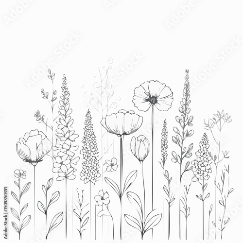 Delicate black ink linework of wildflowers on a soft white background in a vintage botanical style.