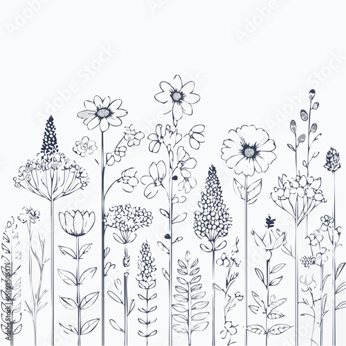 Delicate black ink linework of wildflowers on a soft white background in a vintage botanical style.