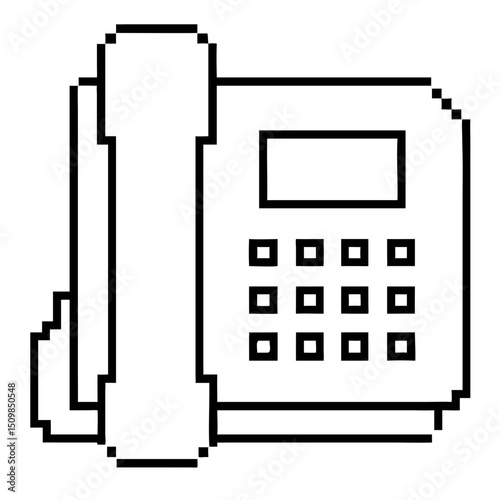 Classic landline telephone illustration in pixel outline on a transparent background