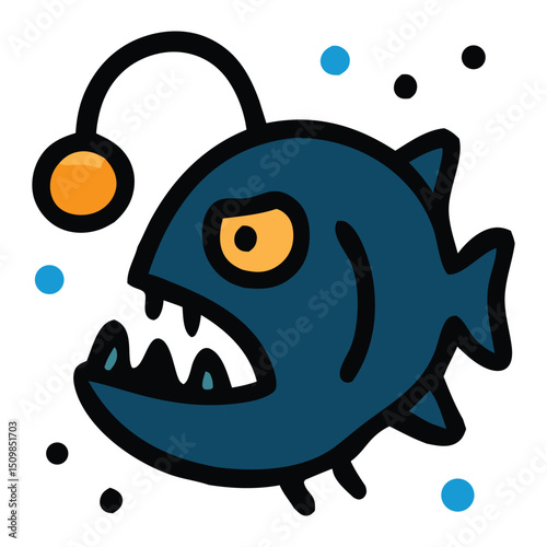 A distinct flat icon featuring an anglerfish, the fascinating deep-sea creature, perfect for illustrating mysterious underwater environments and unique marine life.