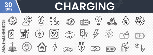 Set of 30 Charging Icons Featuring Lightning Bolts, Batteries, Power Plugs, and Electric Vehicles in a Minimalist Line Art Style for Energy, Technology, and UI Applications