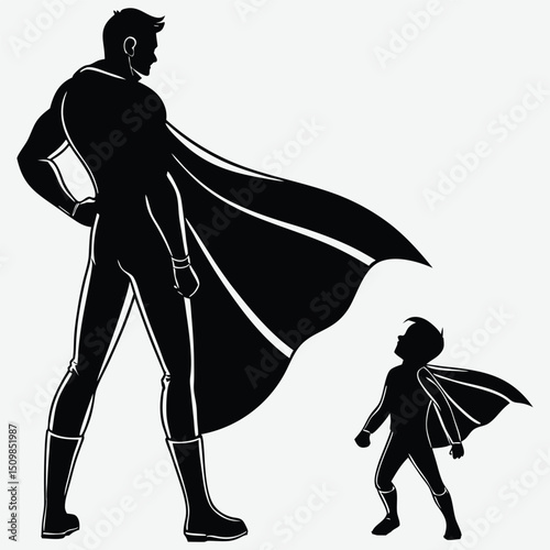 dad as a superhero with child by his side image vector art and illustration	