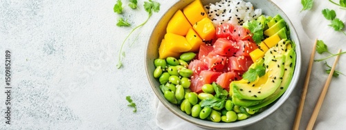 Colorful poke bowl with fresh ahi tuna and fruits on a textured tablecloth Generative AI