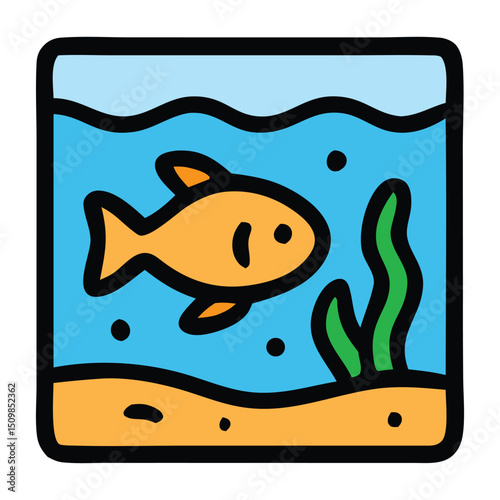 A clear flat icon of a fish tank, depicting a small marine ecosystem with a fish and aquatic plant. Perfect for illustrating concepts of aquatic habitats, home aquariums, or general marine life 