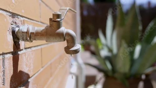 Close-Up of a Leaking Outdoor Faucet with Blurred Green Plants. slow motion