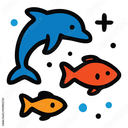 A cheerful flat icon featuring a dolphin and two fish, ideal for representing diverse aquatic animals and the vibrant life of the ocean. Perfect for themes of marine wildlife or sea creatures