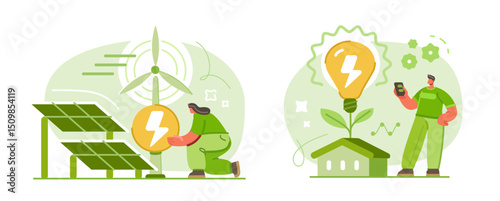 Green electricity eco concept. Energy efficiency. Wind turbines and solar panels