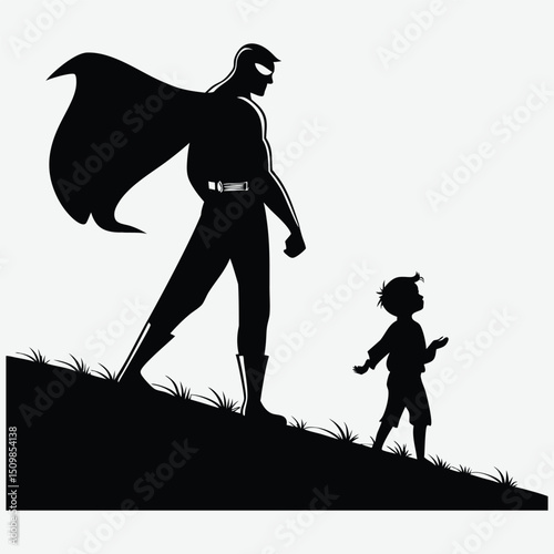 dad as a superhero with child by his side image vector art and illustration	