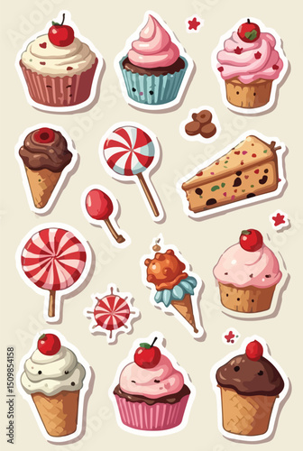 Various kinds of charming vector Cake and ice cream bowl stickers.eps