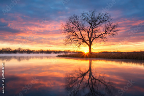 Sunset reflection over serene lake nature landscape tranquil environment vibrant clouds peaceful viewpoint captivating concept