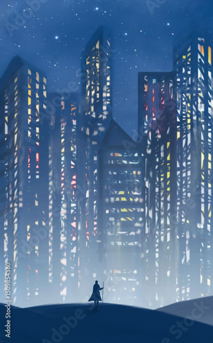 Man silhouette standing on hill and looking to night city infront of him. Digital painting, fantasy abstract building background