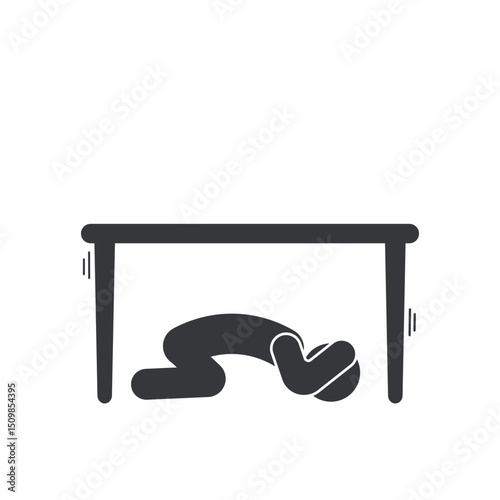 Isolated pictogram of a person crouching under a table, taking cover from falling objects during an earthquake, safety icon