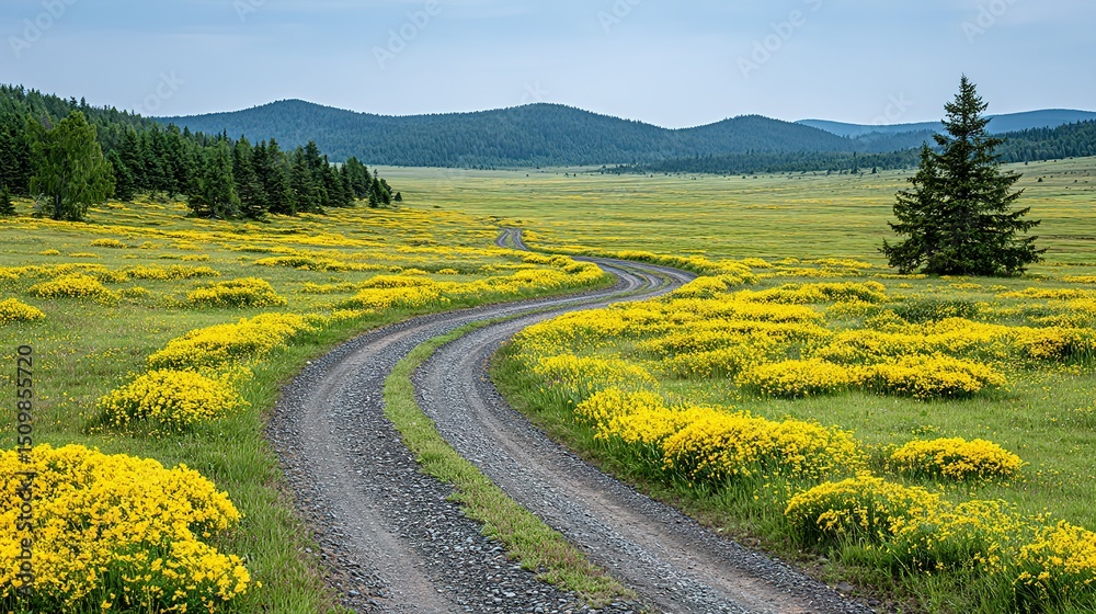 Naklejka premium Winding dirt road through a meadow blanketed in wildflowers.