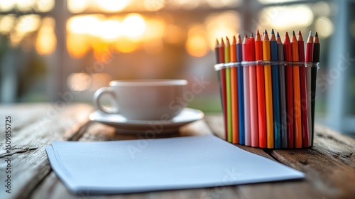 Colorful pencils in a cup, blank paper, and coffee mug on wooden table at sunset.